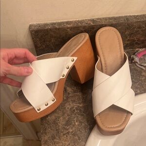 Pink Lily White and Tan Heeled Sandals